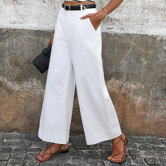 White Casual Women's High-Waisted Wide Leg Pants With Pockets - Picture 2 of 6
